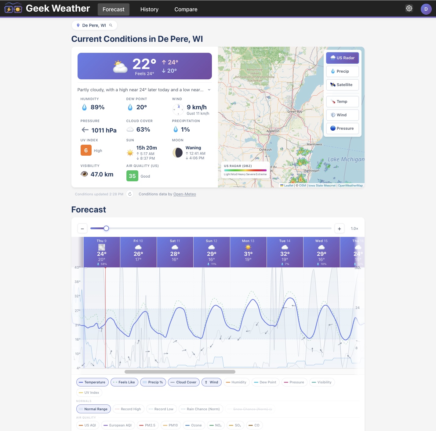Geek Weather — interactive weather forecast and historical data graph